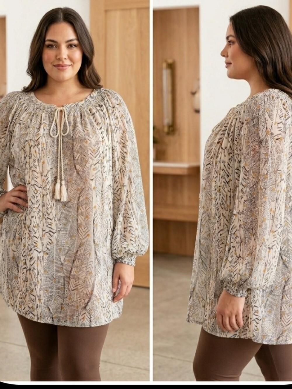 2X Semi-sheer Tunic Top Tan Geometric Lined Gold Glitter Daniel Rainn
